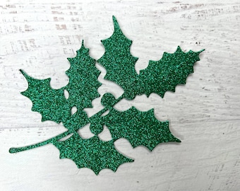 3 large glittered or foil holly die cuts - Paper Holly Branch Christmas Die Cut 3 1/2" x 3 3/4"