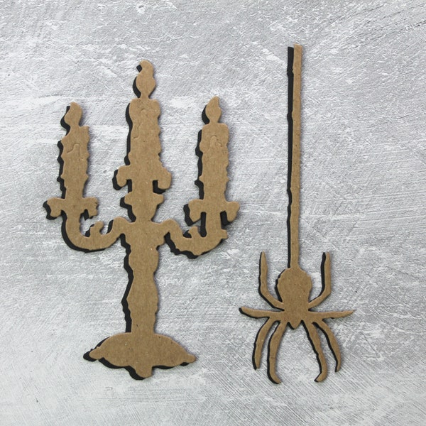 2 Gothic Candelabras - Candle and 2 Spider Halloween Embellishments - Bare chipboard or black paper die cuts