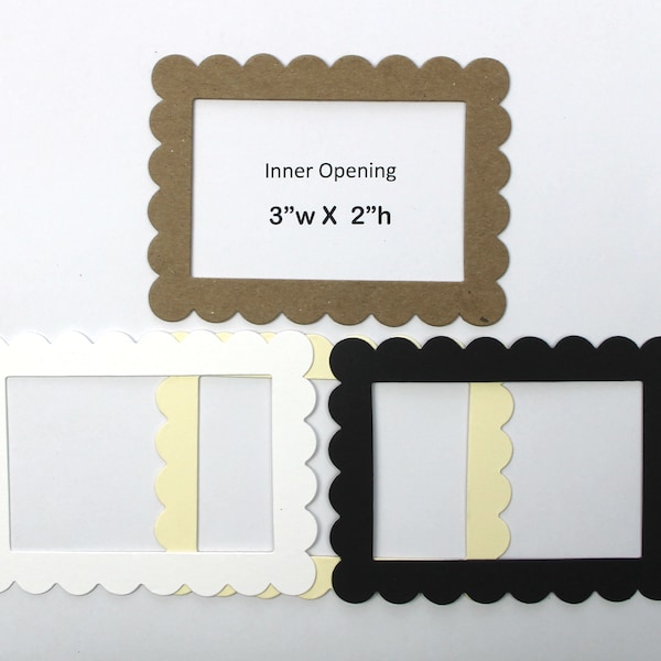 3 Small Scalloped Frames - chipboard or black-cream-white paper rectangle frame Die cuts 3" x 4" [choose color]