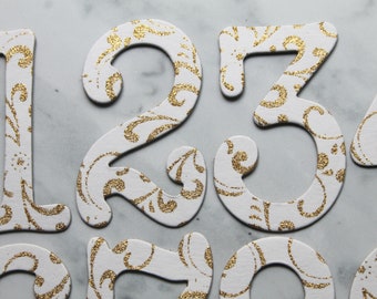 3" White & Gold Numbers - Set 1-16 Handmade White-Gold Glittered paper + chipboard die cuts - Table Numbers