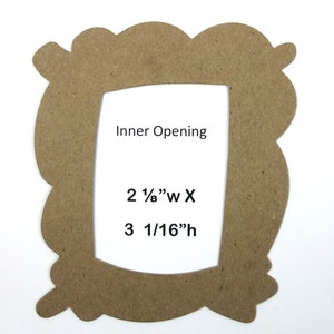 May include: A brown wooden picture frame with a whimsical, irregular shape. The frame has an inner opening measuring 2 1/8" wide by 3 1/16" high.