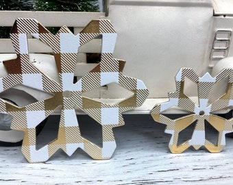 White and Gold Metallic buffalo plaid snowflakes - Gold and white gingham snowflake - paper + chipboard