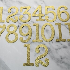 May include: Gold glitter numbers 1 through 12. The numbers are arranged in two rows. The first row has numbers 1 through 6. The second row has numbers 7 through 11. The third row has numbers 1 and 2.
