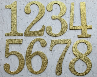 4" Wedding Table Numbers - Gold or Silver glittered die cuts - Paper die cut - SERIF font [choose quantity, plain/sticker]