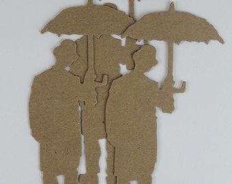 May include: Three brown paper cutouts of people standing under three brown paper cutouts of umbrellas.