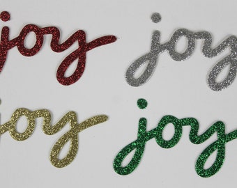 Glittered JOY word die cut - script joy glitter cardstock - Silver, Gold, Red, Green - 3 1/4"w x 1 3/4"h