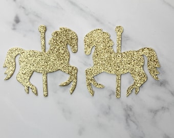 Carousel Horse - 6 Gold or Silver - Glitter Front & Back - Carousel Horse die cuts - Decorate for carousel party [choose small or large]