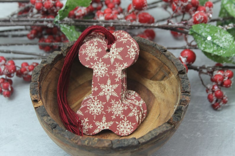 10 Dog Bone Tags SNOWFLAKE..patterned paper+chipboard tags with string attached