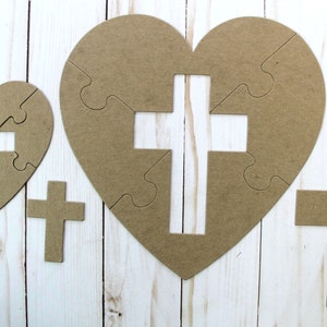 5 Piece Heart with Cross Jigsaw Puzzle - Bare chipboard die cuts - choose small or extra large