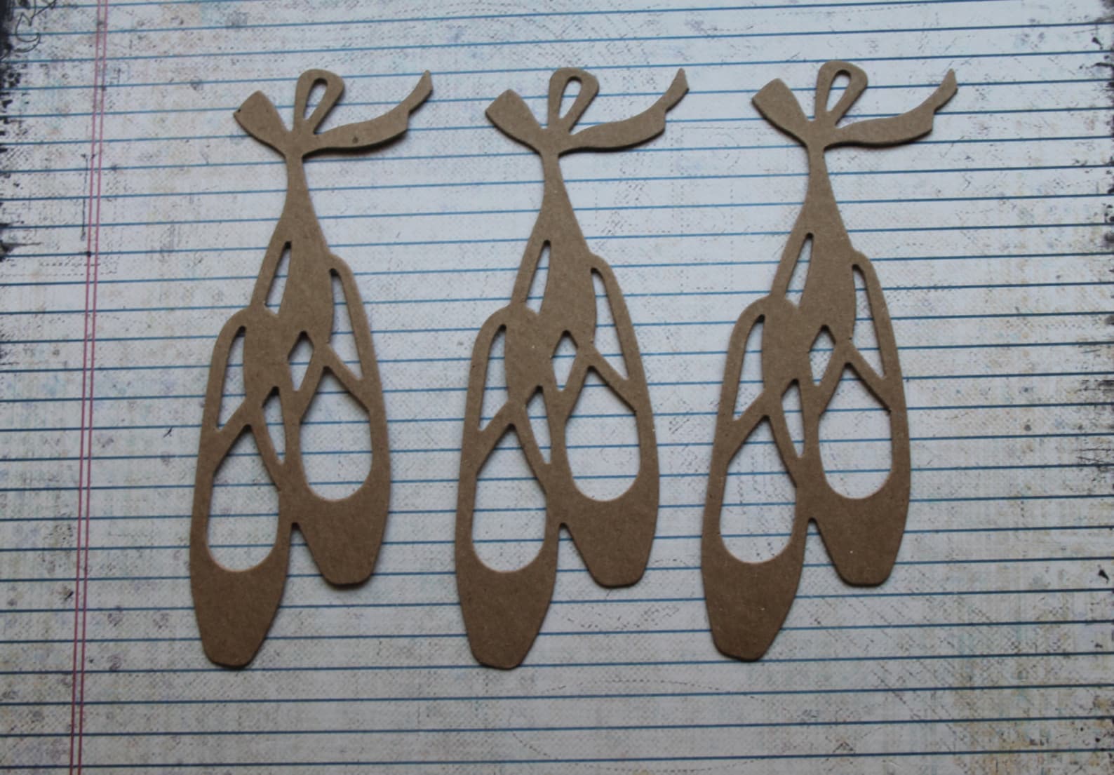 3 bare kraft brown chipboard ballerina point shoes / ballet slippers diecuts 6 1/8