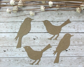 4 Chipboard Birds - Bare Unfinished chipboard standing and sitting bird die cuts - 2 of each style