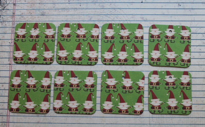 20 Christmas tags elf-gnome like Santa paper covered chipboard tags...2 x 2 inches