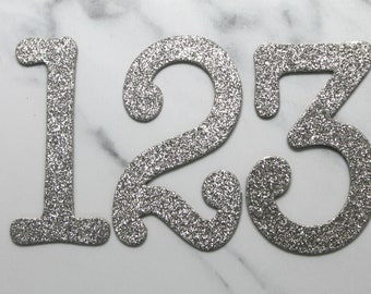 3" Silver Glittered Numbers - Wedding Number Die Cuts - Paper + chipboard Table Numbers - [choose quantity, plain or sticker back]