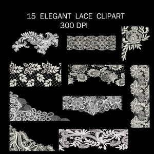 15 Lace Clip Art for Wedding Invitations, Scrapbooking, Crafts, Lace Overlays, Transparent Digital Embellishments, PNG, 300 dpi
