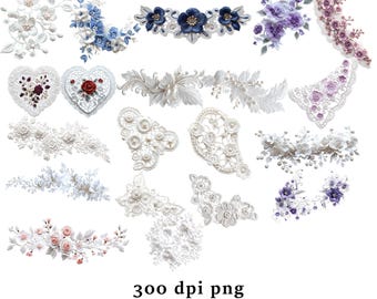 Realistic Lace Pearls Flowers Decorative Appliques PNG Clipart 300 dpi
