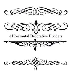 Divisores decorativos PNG con pergamino negro, acentos de filigrana, descarga digital, elementos de swash negro.