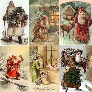 Six cartes de Noël vintage Père Noël en téléchargement numérique Père Noël victorien pour scrapbooking, créations en papier 300 dpi