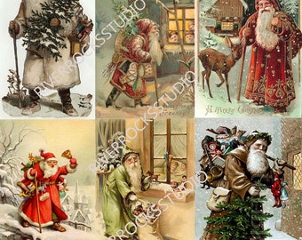 Six Vintage Santa Claus  Christmas Cards Digital Download Victorian Santa Scrapbooking Paper Crafts 300dpi