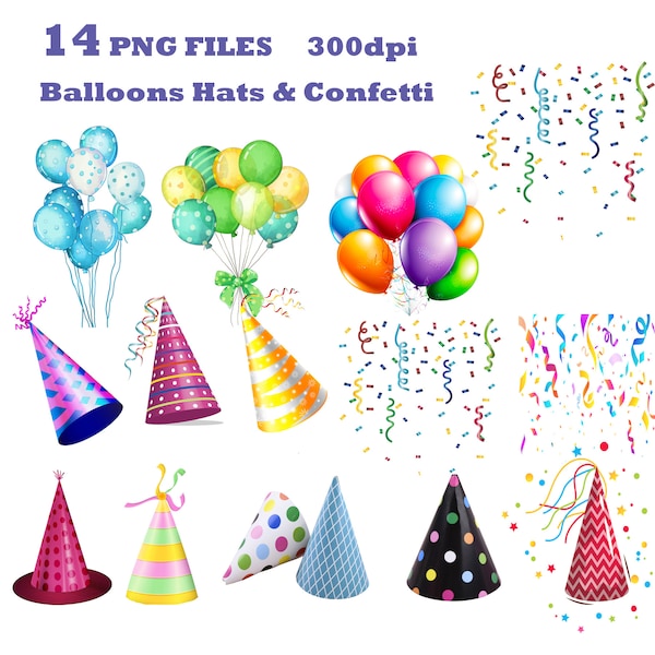 Fun Birthday Party Hats Balloons and Confetti Clip Art, Invitations Greeting Cards Stationary Scrapbooking png 300dpi Crafts