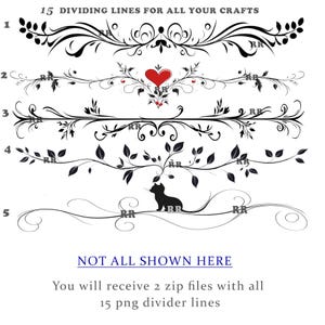 May include: Digital divider lines in black and white for crafts. The image displays five examples of decorative lines, including floral and scroll designs, and a cat silhouette. Text reads "15 DIVIDING LINES FOR ALL YOUR CRAFTS" and "NOT ALL SHOWN HERE".