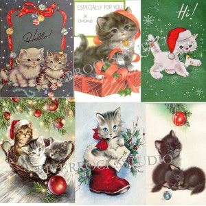 Cartões de Natal vintage para gatinhos, seis arquivos jpg para impressão, scrapbooking, cartões comemorativos, artesanato, década de 1950