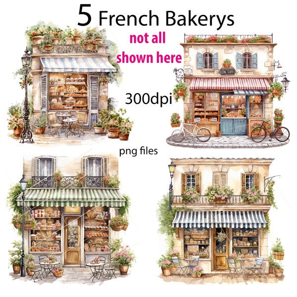 Cute French Watercolor Bakeries, Cakes Rolls Pies, Scrapbooking Clipart Invitations, Wall Art Stationary Paper Crafts labels and stickers.