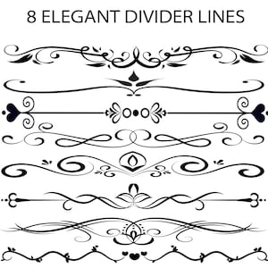 8 lindas linhas divisórias pretas arquivos PNG 300 dpi Convites de casamento Scrapbooking Artesanato Cartões de felicitações estacionários Clipart