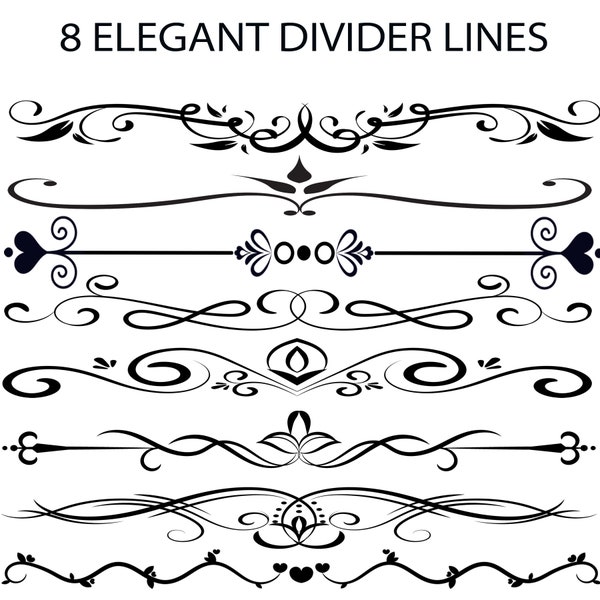 8 Beautiful Black Divider Lines PNG files 300 dpi Wedding Invitations Scrapbooking Crafts Stationary Greeting Cards Clip Art