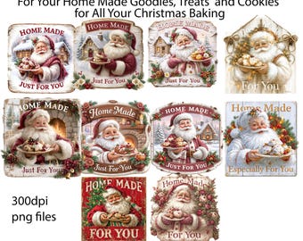 Puede incluir: Una colección de 10 etiquetas y pegatinas digitales de Santa Claus con ilustraciones de Santa sosteniendo platos de galletas. Cada etiqueta incluye el texto Home Made y Just For You o Especially For You. El conjunto se presenta como archivos png de 300dpi.