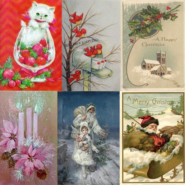 Vintage Christmas Cards Six Printable Ephemera Digital Download Clip Art Scrapbooking