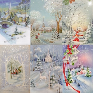 Six Vintage Christmas Card Images 1950's Retro Card Making Scrapbooking Digital Download  Church Scene Winter Village 300dpi
