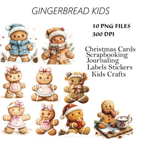 Puede incluir: Ilustraciones de acuarela de hombrecitos de jengibre, algunos con sombreros, bufandas y delantales. La imagen incluye el texto "GINGERBREAD KIDS", "10 PNG FILES" y "300 DPI". Texto adicional menciona tarjetas de Navidad, scrapbooking, journaling, etiquetas, pegatinas y manualidades para niños.