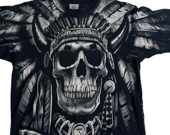 1997 Liquid Blue Airbrush Skull T-Shirt | Vintage Native American Airbrush Tee Size Large