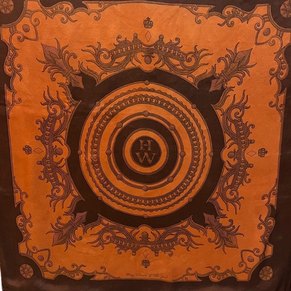 Vintage Harry Winston Orange & Brown Silk Scarf - Vintage Silk Scarf