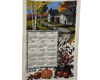 1989 Fall on the Farm Calendar Tea Towel | Vintage Earthy Tea Towel