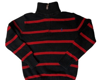 Kids Polo Ralph Lauren Red & Black Striped Knit Sweater | Kids Size Small (8) Cotton Quarter Zip Sweater