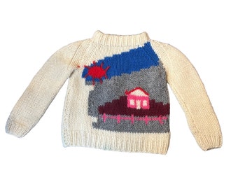 Vintage Kids Knit Picture Sweater | Baby Wool House Scene White Pullover Sweater