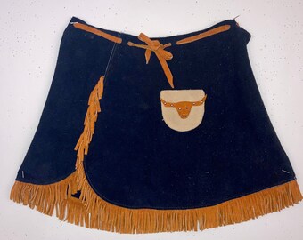 Vintage Suede Western Kids Outfit: Fringe Vest and Skirt, Steer Appliqué