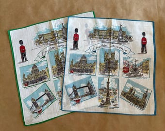 Vintage London Souvenir Landmark Set of 2 Sketch Style Handkerchiefs