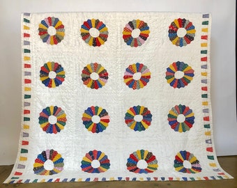 Vintage Rainbow Blooms Quilt: Handmade Dora Brown Quilt, 1978 (72x88)