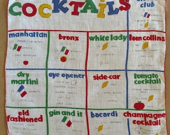 Vintage 1950s Cocktail Recipe Themed Handkerchief