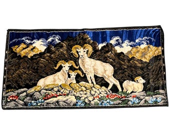 Velvet Ram Family Tapestry Vintage Wall Hanging w/o Fringe