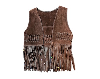 Vintage Dark Brown Fringe Suede Kids Vest | Children Leather Western Beaded Vest