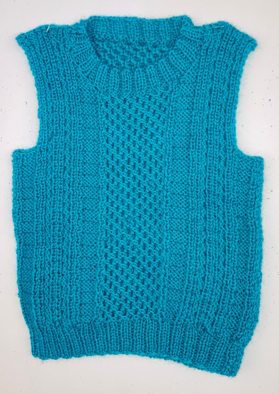 Vintage Kid's Turquoise Hand Knit Cabled Sweater V