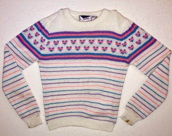 Vintage Kid's Acrylic Sweater: 1980s Pastel Stripes & Hearts