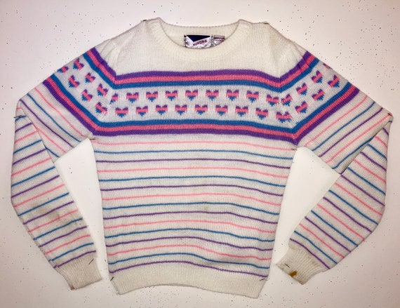 Vintage Kid's Sweater White with Pastel Purple, P… - image 1