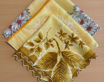 Set of 3 Yellow Floral Funky Printed Handkerchiefs | Bold Prints, Daisies, Autumn Colors