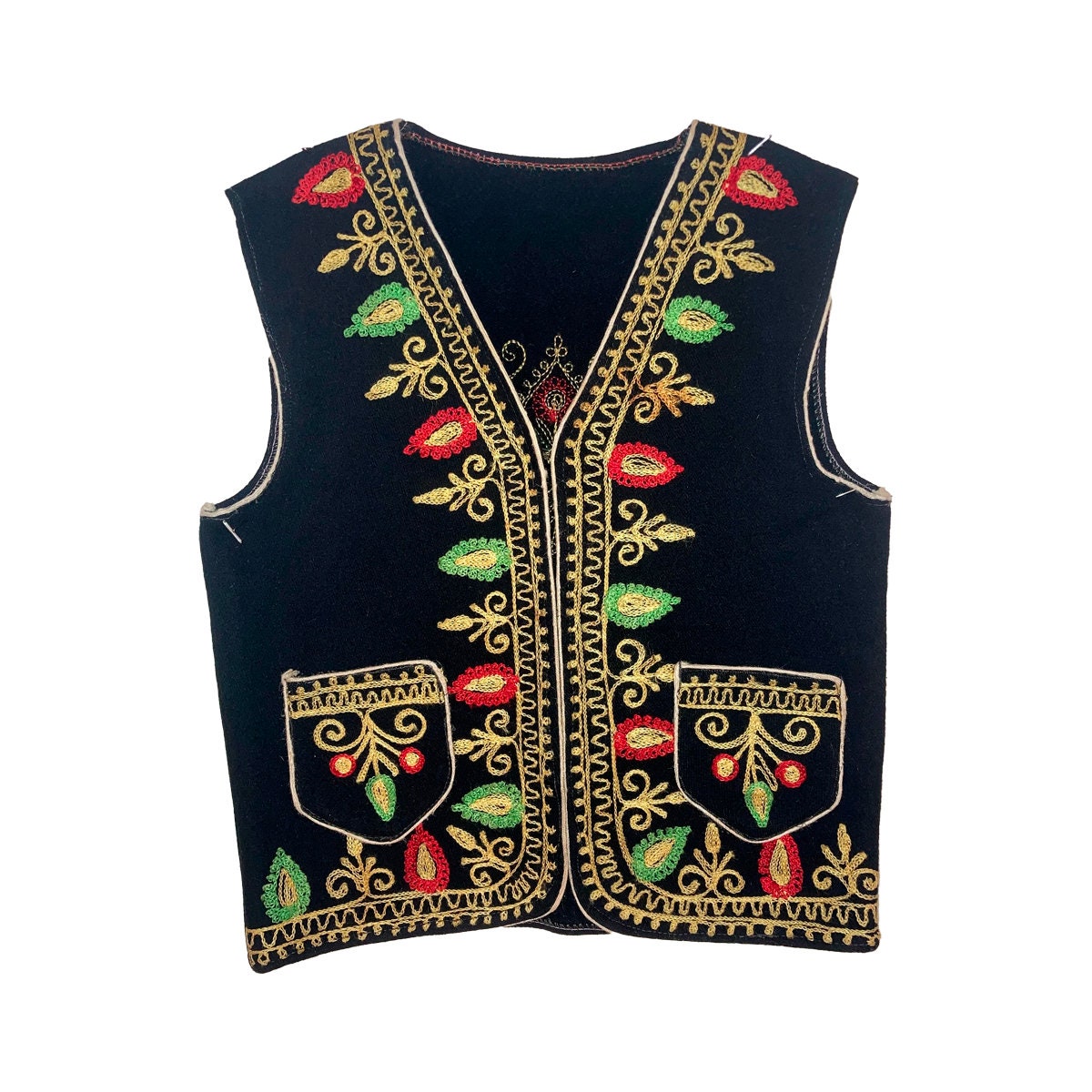 Embroidered Moroccan Wool Youth Vest Red Green and Gold