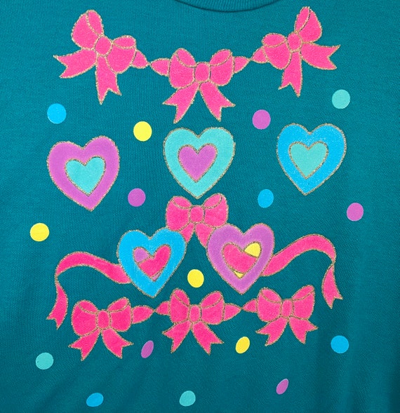 Teal Youth 80's Sweatshirt with Pink Bows, Hearts… - image 4
