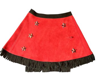 Kids Red Leather Wrap Skirt with Black Fringe Bottom & Stars